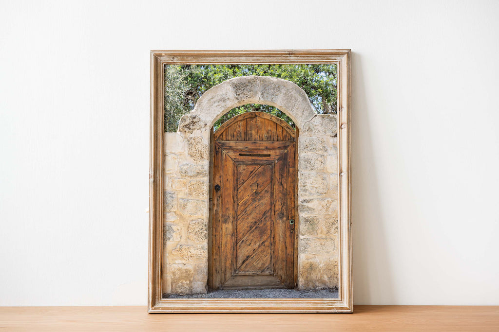 Israeli Holy Land Brown Old Wooden Door with Jerusalem Stone Arch - Ein Hod