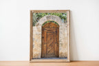 Israeli Holy Land Brown Old Wooden Door with Jerusalem Stone Arch - Ein Hod