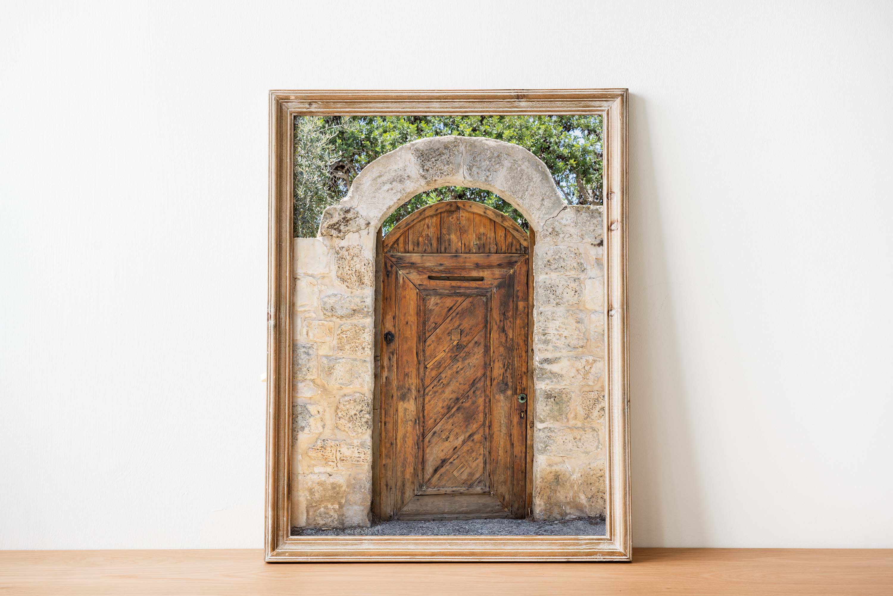 Israeli Holy Land Brown Old Wooden Door with Jerusalem Stone Arch - Ein Hod