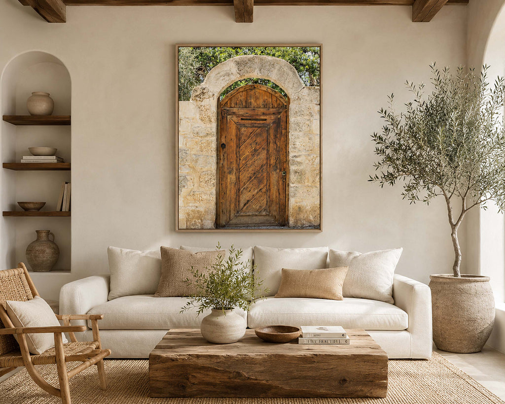 Israeli Holy Land Brown Old Wooden Door with Jerusalem Stone Arch - Ein Hod