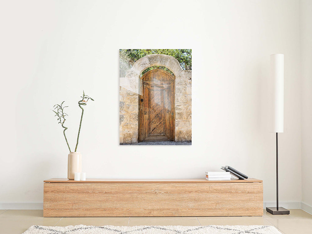 Israeli Holy Land Brown Old Wooden Door with Jerusalem Stone Arch - Ein Hod