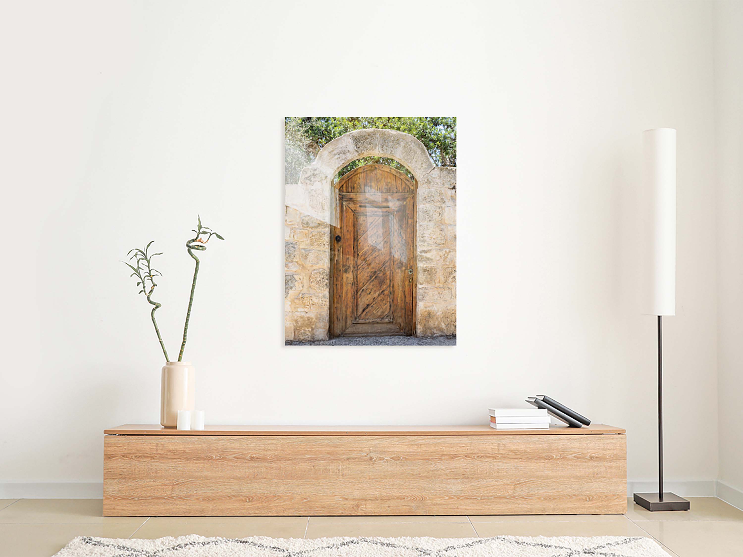 Israeli Holy Land Brown Old Wooden Door with Jerusalem Stone Arch - Ein Hod