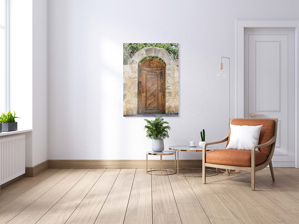 Israeli Holy Land Brown Old Wooden Door with Jerusalem Stone Arch - Ein Hod