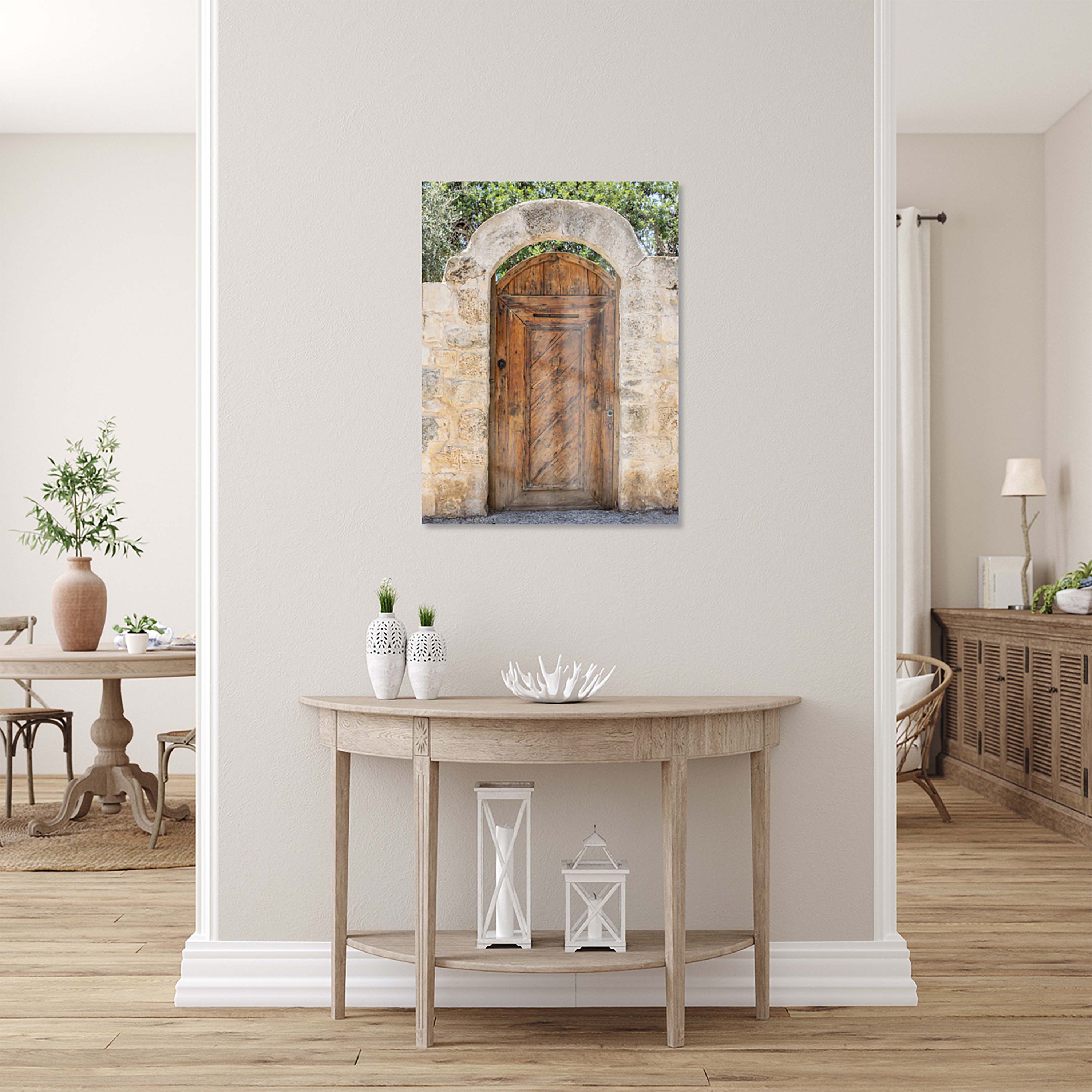 Israeli Holy Land Brown Old Wooden Door with Jerusalem Stone Arch - Ein Hod