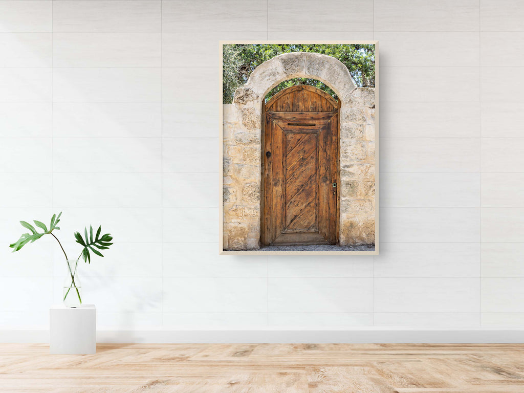 Israeli Holy Land Brown Old Wooden Door with Jerusalem Stone Arch - Ein Hod