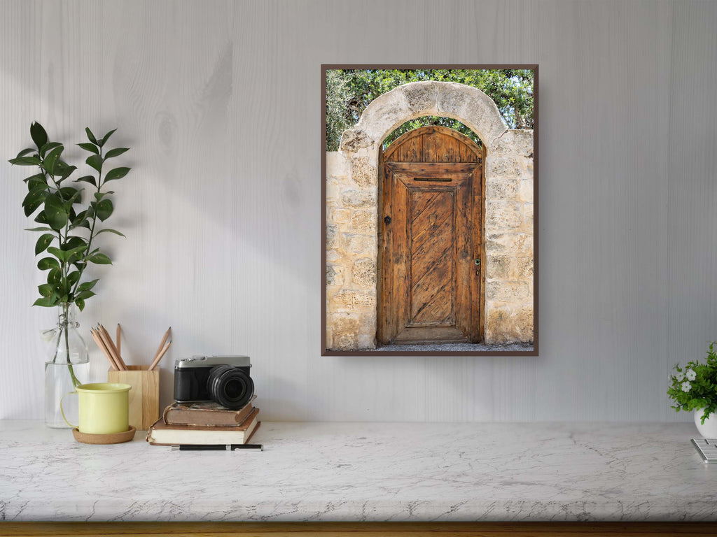 Israeli Holy Land Brown Old Wooden Door with Jerusalem Stone Arch - Ein Hod