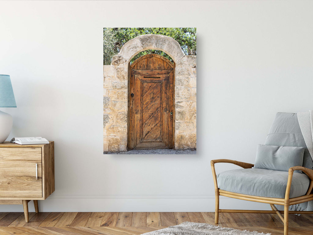 Israeli Holy Land Brown Old Wooden Door with Jerusalem Stone Arch - Ein Hod