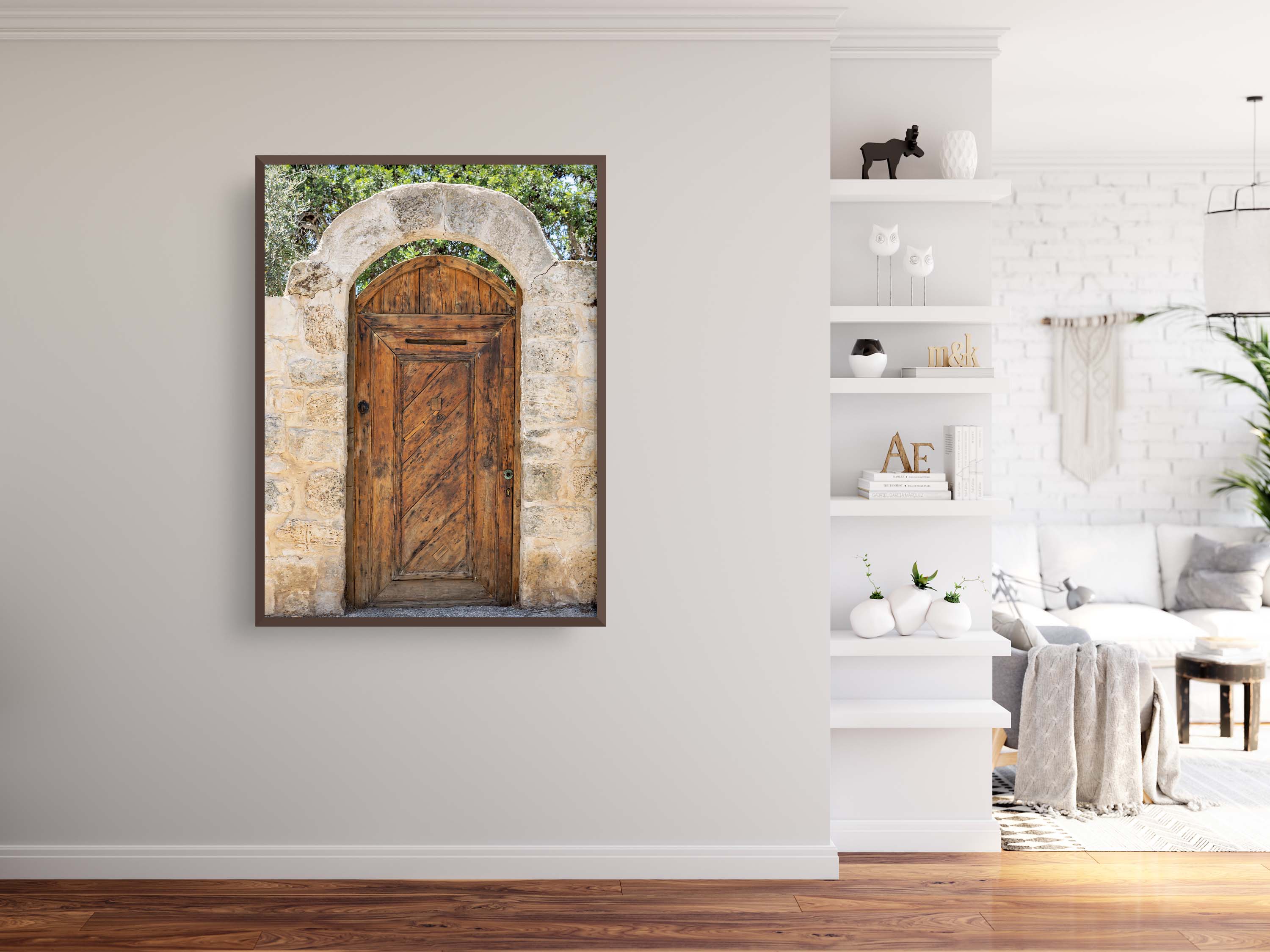 Israeli Holy Land Brown Old Wooden Door with Jerusalem Stone Arch - Ein Hod