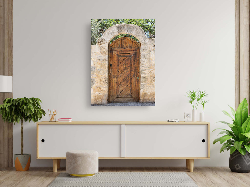 Israeli Holy Land Brown Old Wooden Door with Jerusalem Stone Arch - Ein Hod