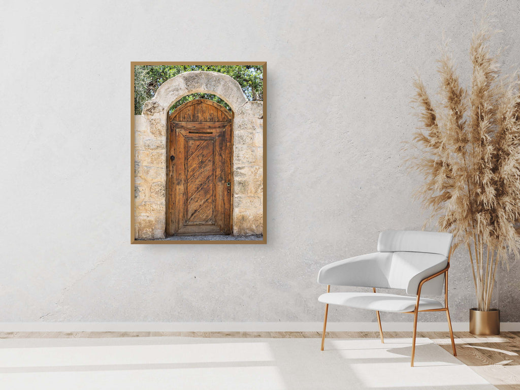 Israeli Holy Land Brown Old Wooden Door with Jerusalem Stone Arch - Ein Hod
