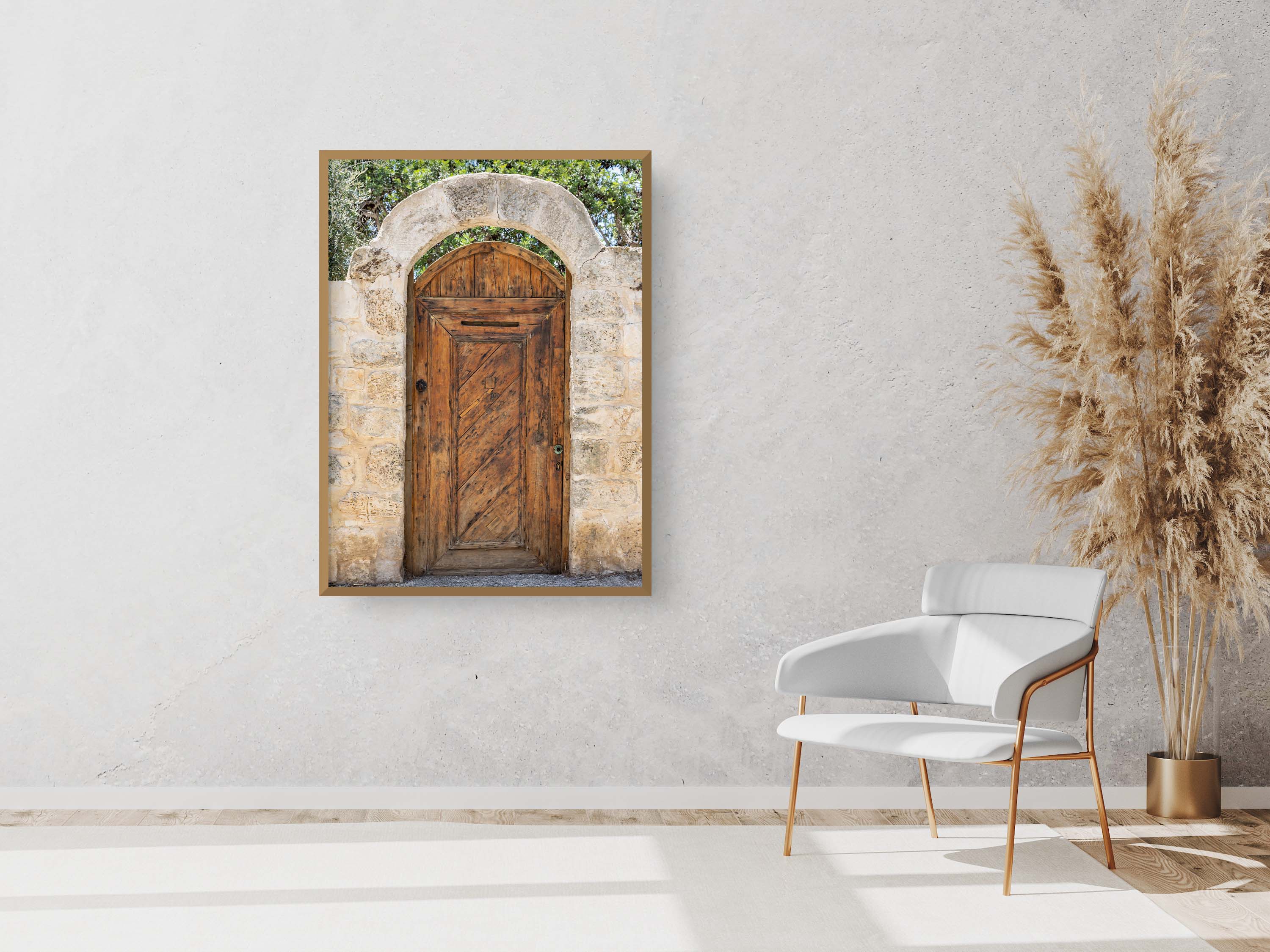 Israeli Holy Land Brown Old Wooden Door with Jerusalem Stone Arch - Ein Hod