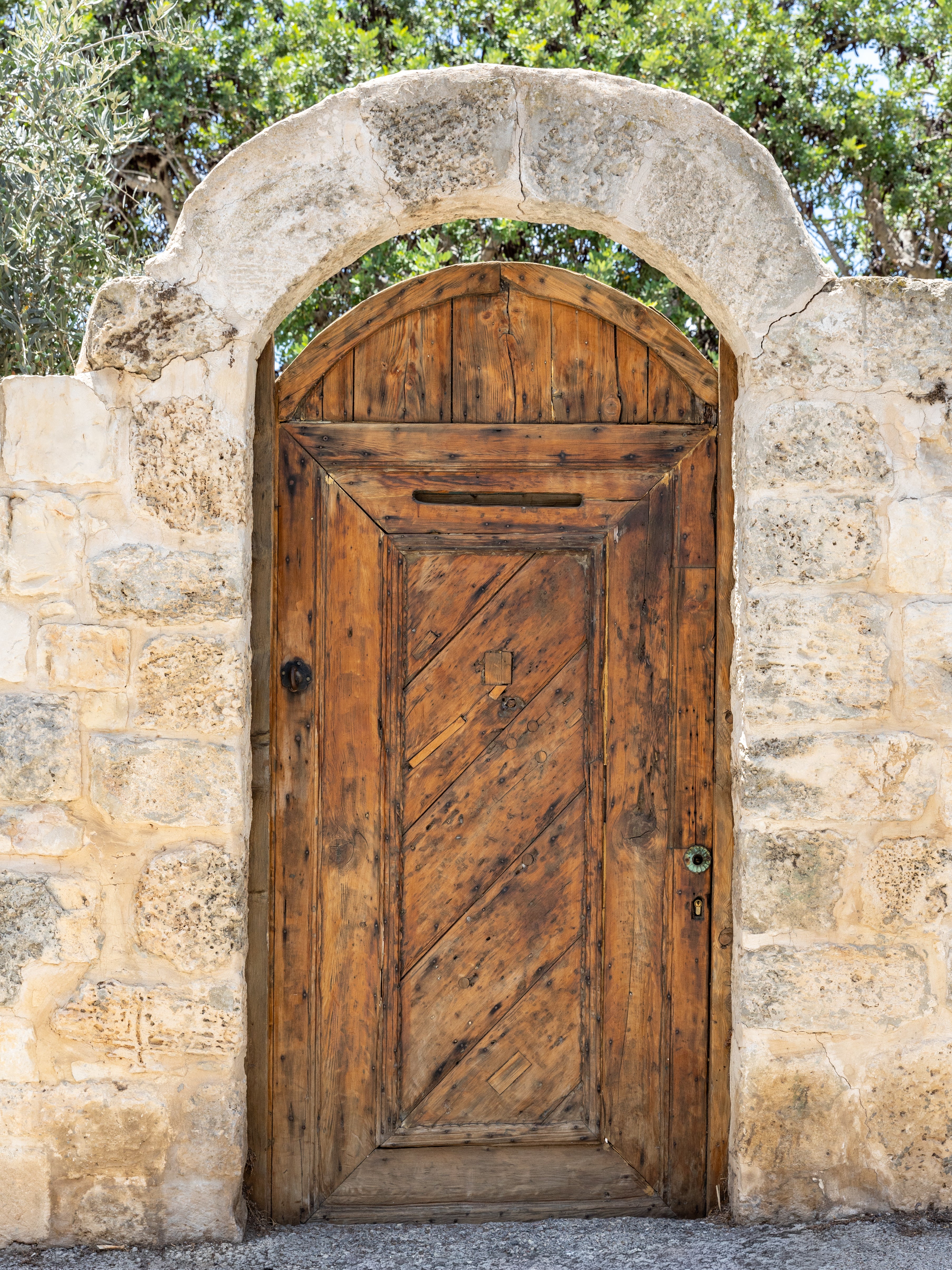 Israeli Holy Land Brown Old Wooden Door with Jerusalem Stone Arch - Ein Hod