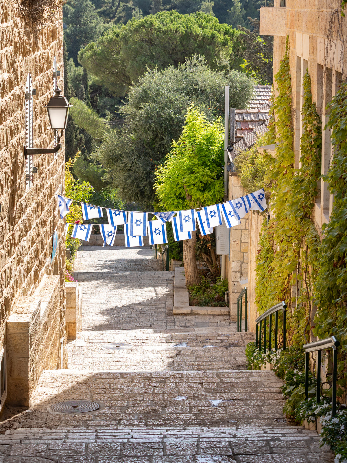 Jerusalem Green Pedestrian Street with Israeli Flags - Yamin Moshe Neighborhood Holy City