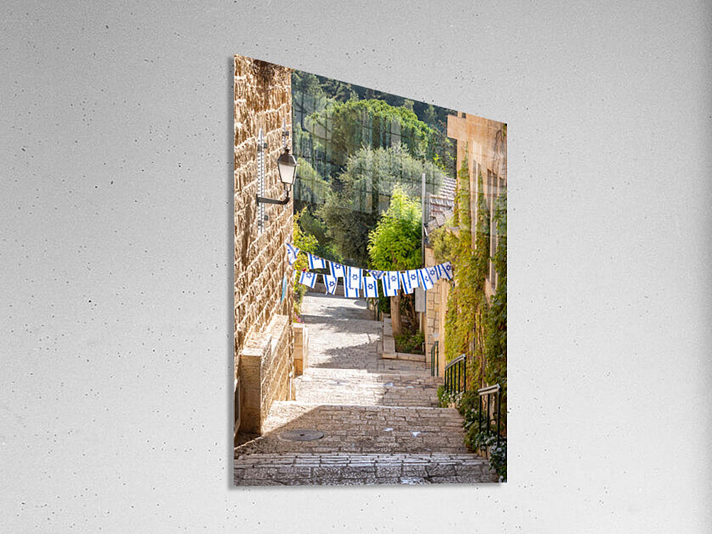 Jerusalem Green Pedestrian Street with Israeli Flags - Yamin Moshe Neighborhood Holy City