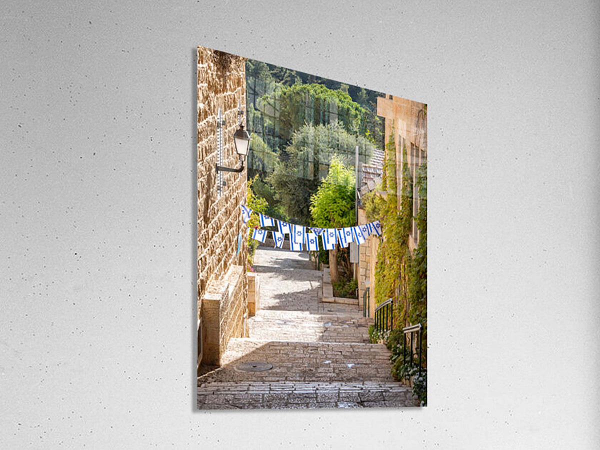 Jerusalem Green Pedestrian Street with Israeli Flags - Yamin Moshe Neighborhood Holy City