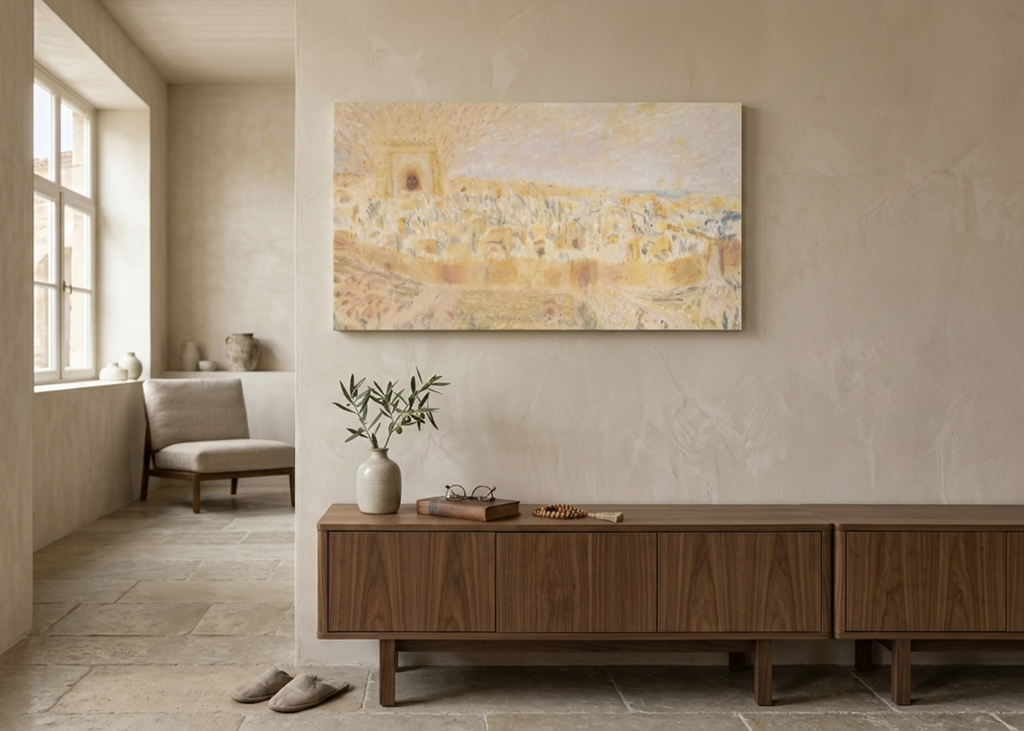 Panoramic Jerusalem Old City Temple Mount Painting Print, Biblical Pilgrimage Wall Art