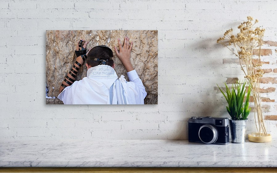 Bar Mitzvah Jewish Young Man Teenager Praying with Tallit at the Western Wall (Kotel)