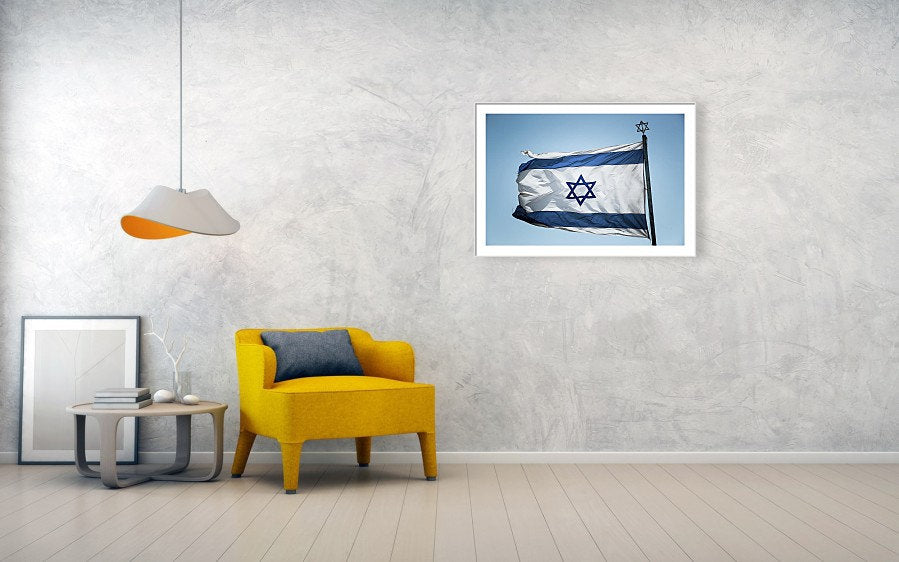 Blue & White Israeli Flag Photography — Jewish Jerusalem — Israeli Flag flapping in Wind With Iron David Star On The Top