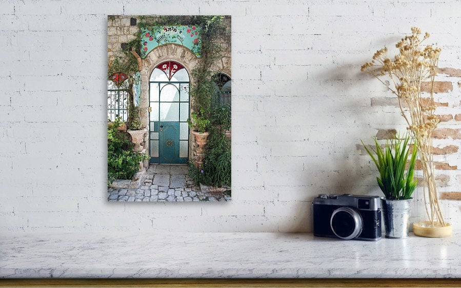 Israeli Holy Land Glazed Turquoise Vintage Door with Ivy and Windows — Rosh Pina Old City