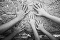 Black and White Jewish Kotel — Father & children hands praying at the Western Wall