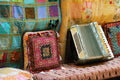 Jerusalem Old City Vintage Antiques Market with Accordion Colorful Pillows & Tapestry
