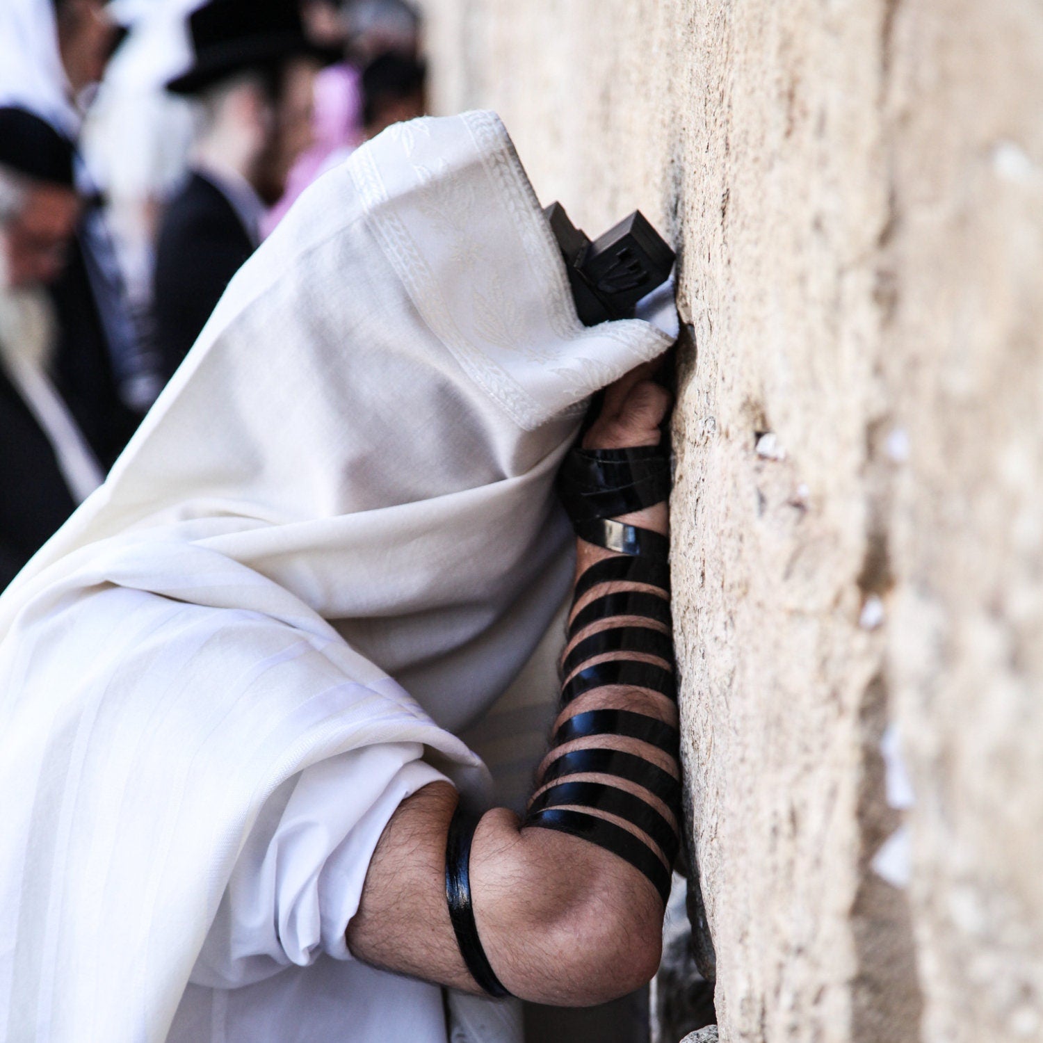 Jewish Kotel — Jewish Prayer with Tallit and Tefillin at the Wailing Wall, the Kotel, Jerusalem