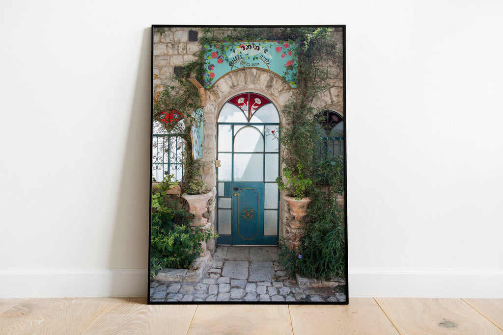 Israeli Holy Land Glazed Turquoise Vintage Door with Ivy and Windows — Rosh Pina Old City
