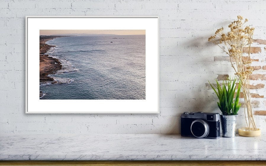 Seascape Sunset Photography print with a fisherman on rocks and boat at the sunset — Rosh Hanikra, Israel — Canvas