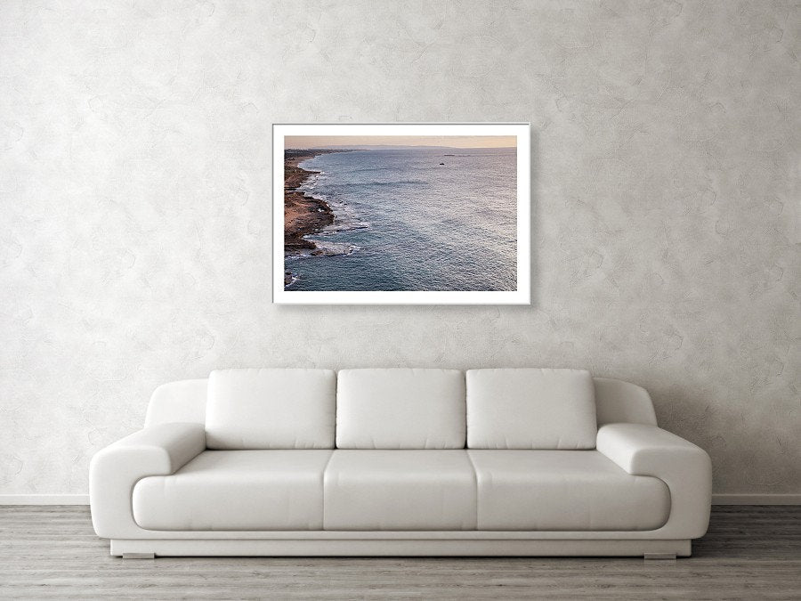 Seascape Sunset Photography print with a fisherman on rocks and boat at the sunset — Rosh Hanikra, Israel — Canvas