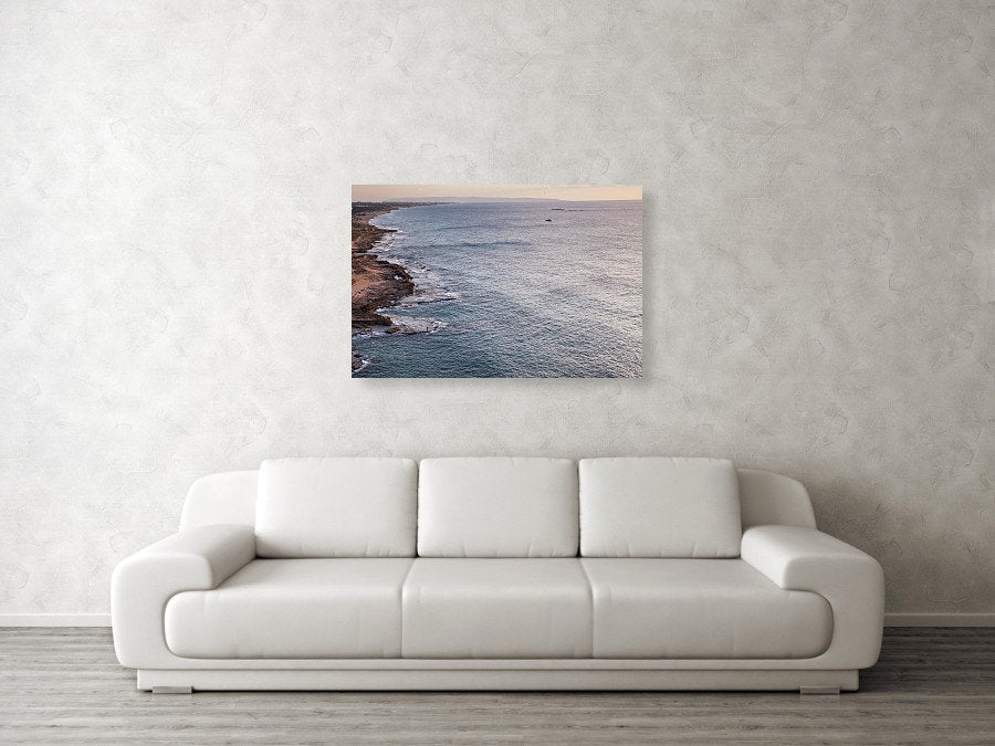 Seascape Sunset Photography print with a fisherman on rocks and boat at the sunset — Rosh Hanikra, Israel — Canvas
