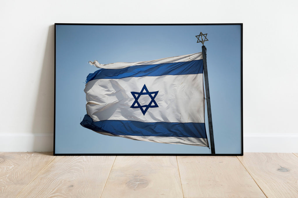 Blue & White Israeli Flag Photography — Jewish Jerusalem — Israeli Flag flapping in Wind With Iron David Star On The Top