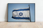 Blue & White Israeli Flag Photography — Jewish Jerusalem — Israeli Flag flapping in Wind With Iron David Star On The Top