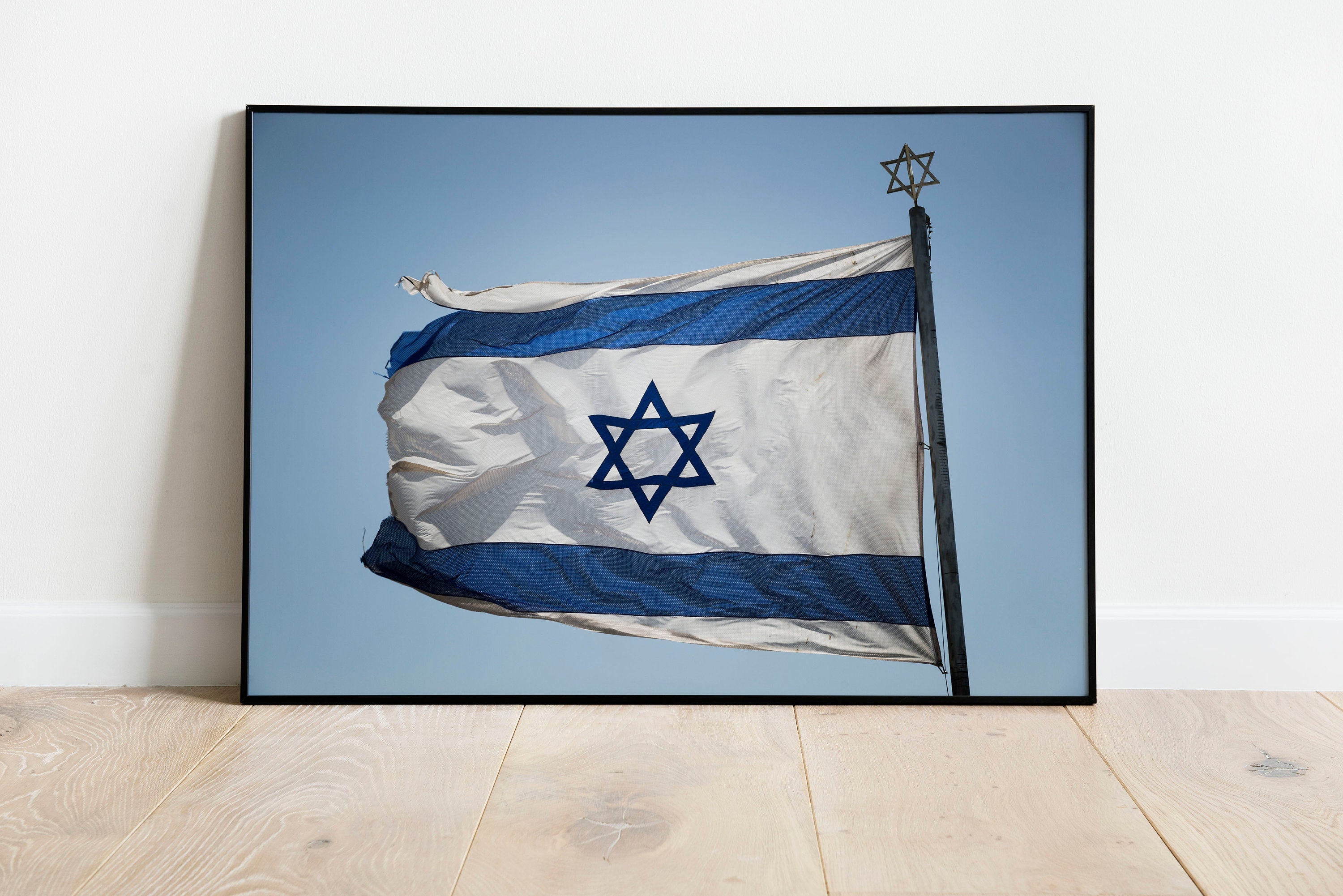 Blue & White Israeli Flag Photography — Jewish Jerusalem — Israeli Flag flapping in Wind With Iron David Star On The Top