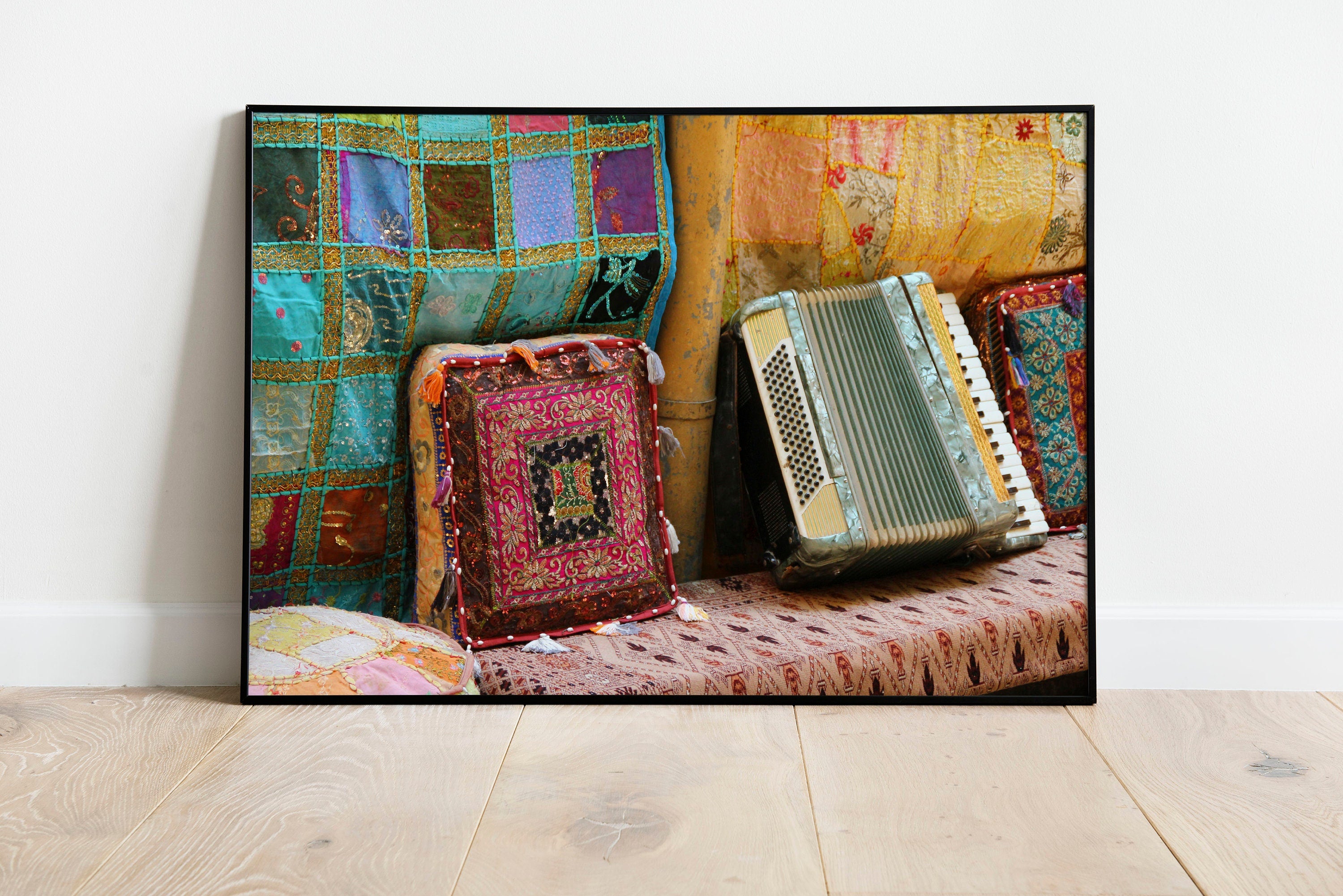 Jerusalem Old City Vintage Antiques Market with Accordion Colorful Pillows & Tapestry