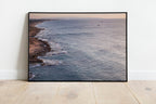 Seascape Sunset Photography print with a fisherman on rocks and boat at the sunset — Rosh Hanikra, Israel — Canvas