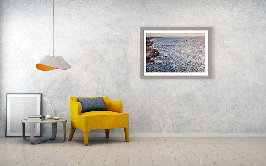 Seascape Sunset Photography print with a fisherman on rocks and boat at the sunset — Rosh Hanikra, Israel — Canvas