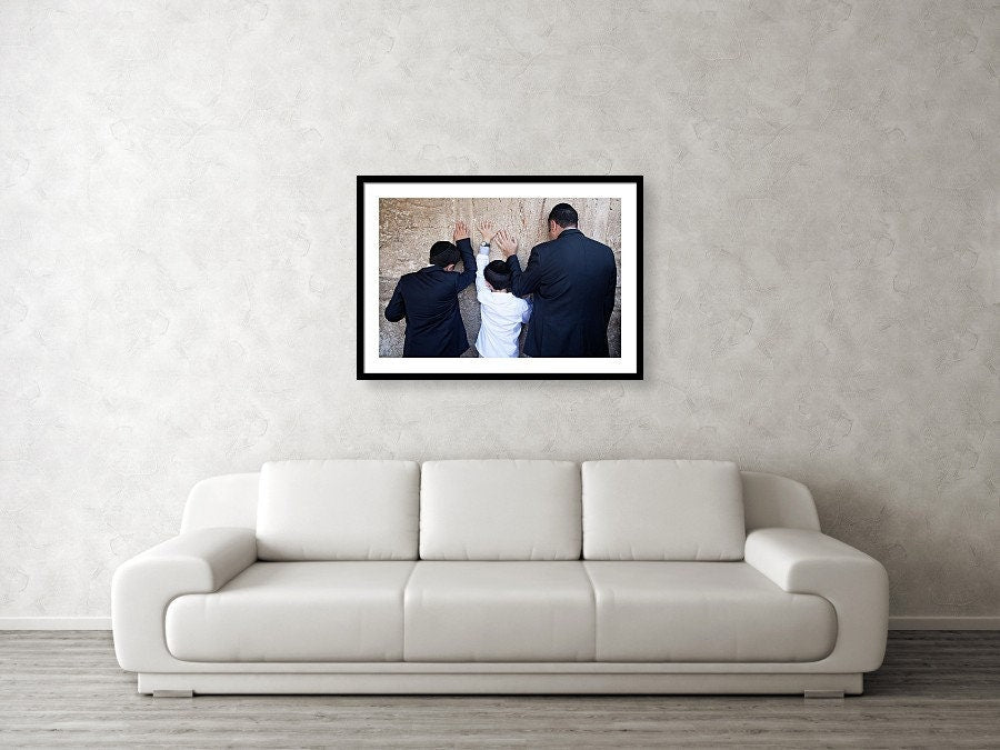 Jewish Wall Kotel — Father and sons praying on a stone of the wailing wall, the Kotel, Jerusalem