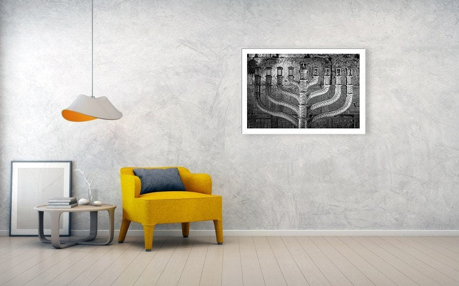 Black and White Kotel Western Wall with Hanukkiah Lit - Jewish Wall Art Decor