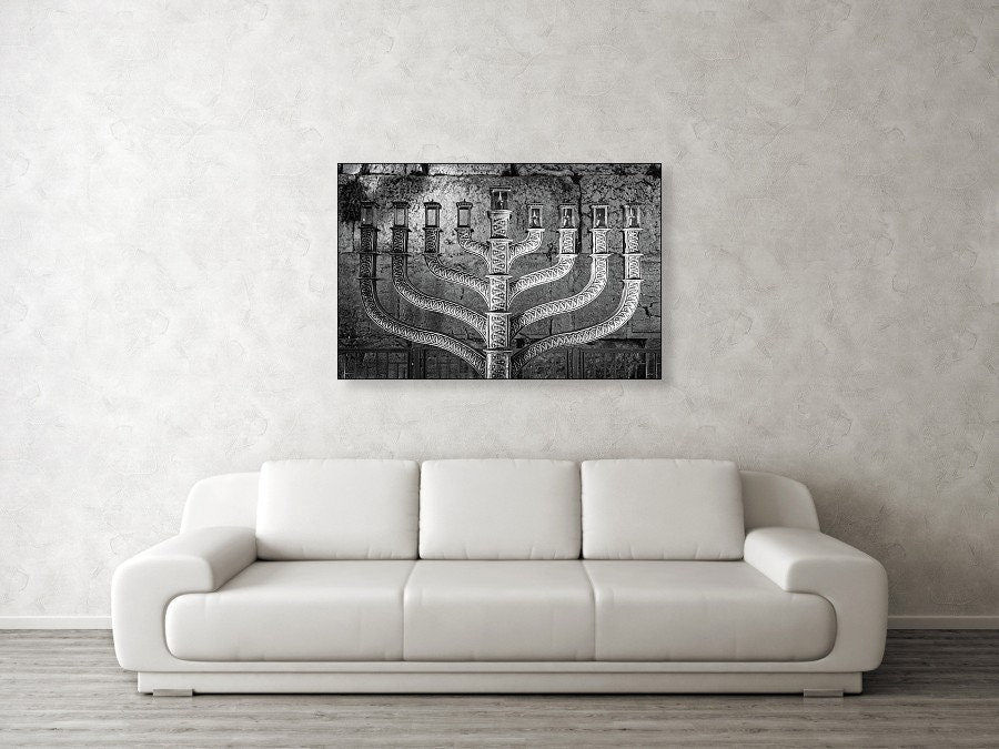 Black and White Kotel Western Wall with Hanukkiah Lit - Jewish Wall Art Decor