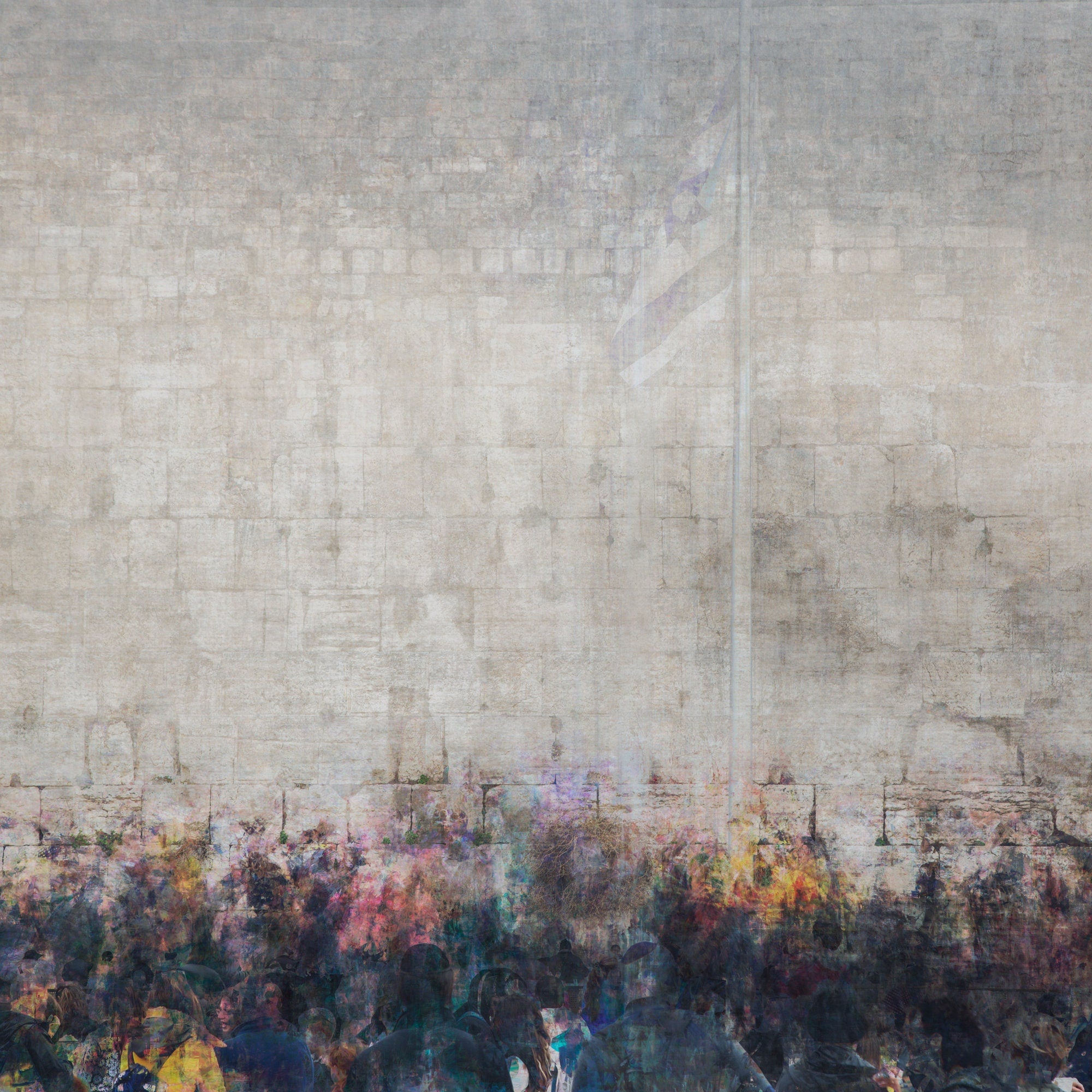 Kotel Western Wall and Israeli Flag Painting — Many Jewish People Praying at the Western Wall