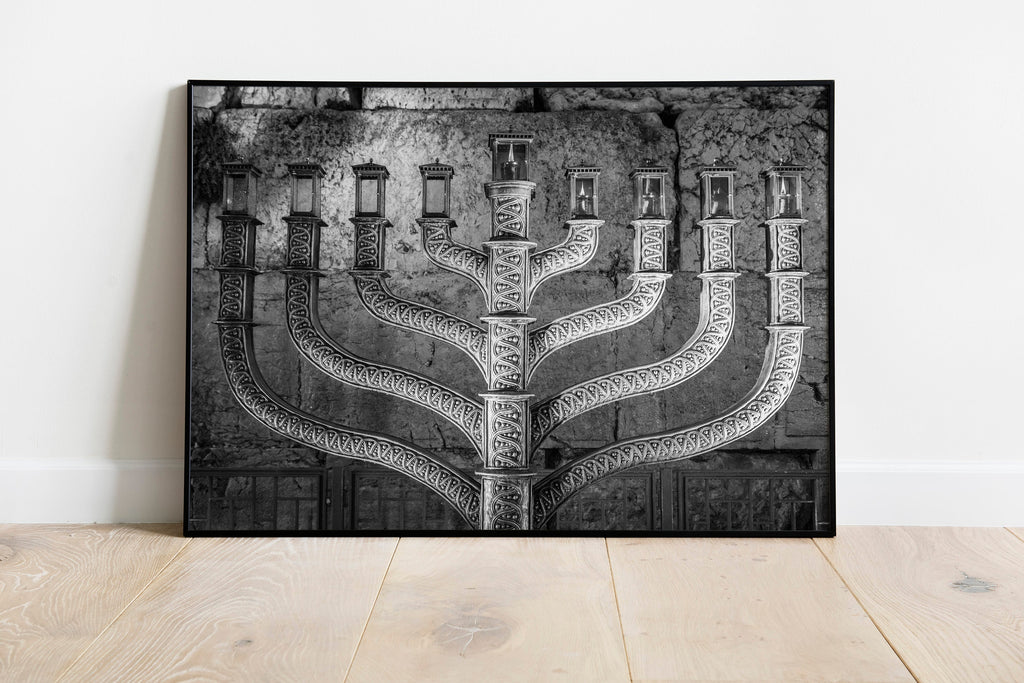 Black and White Kotel Western Wall with Hanukkiah Lit - Jewish Wall Art Decor