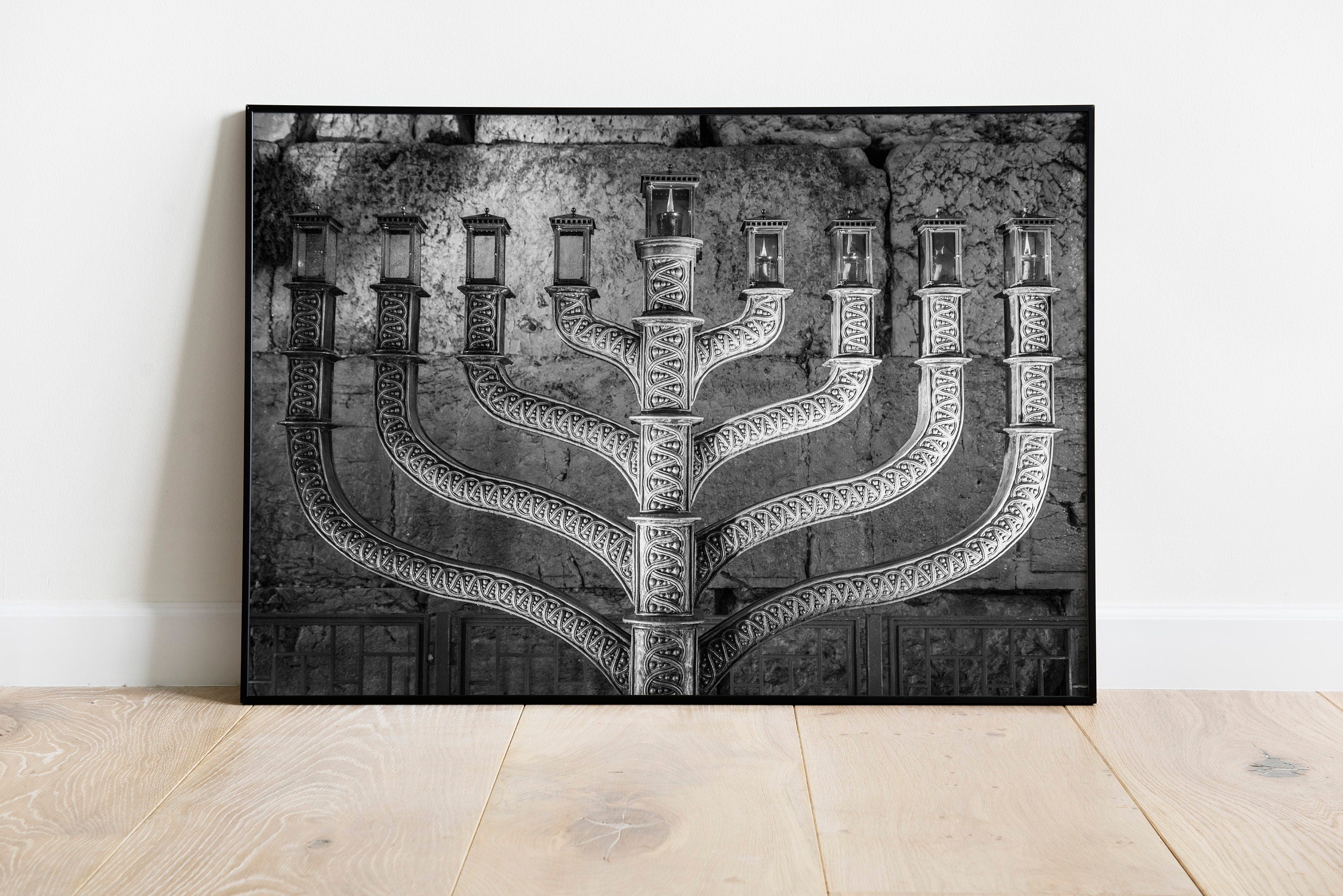 Black and White Kotel Western Wall with Hanukkiah Lit - Jewish Wall Art Decor