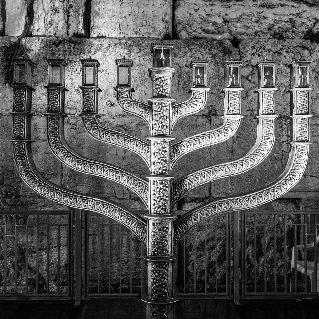 Black and White Kotel Western Wall with Hanukkiah Lit - Jewish Wall Art Decor