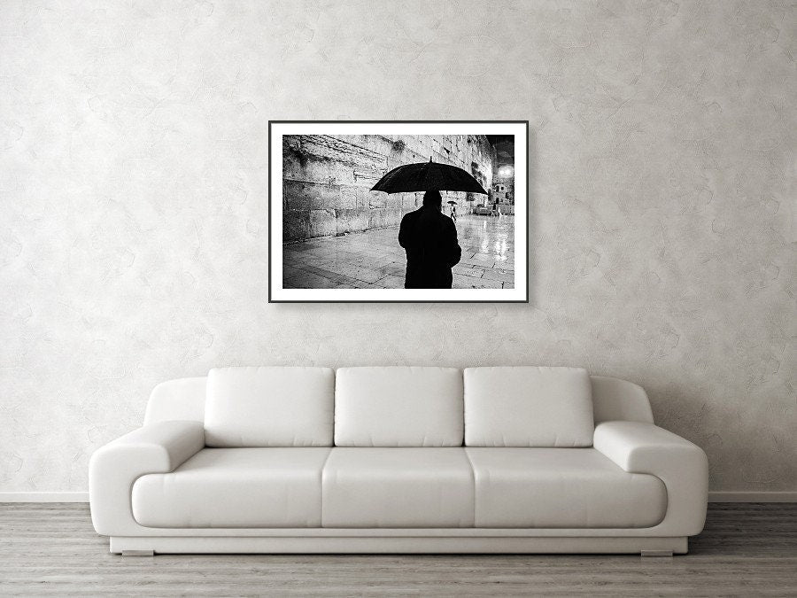Black and White Kotel Western Wall Wet in the Rain - Jewish Orthodox & Umbrella