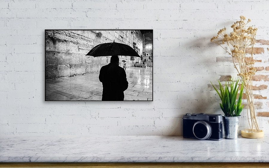 Black and White Kotel Western Wall Wet in the Rain - Jewish Orthodox & Umbrella