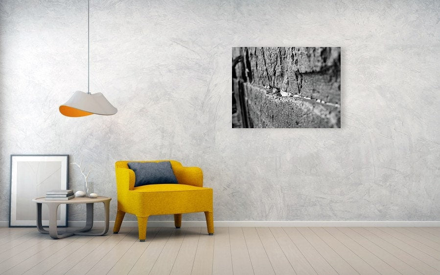Black and White Jewish Kotel Wall Fine Art Print - Western Wall with Prayer Hand & Paper Notes between Stones - A Wailing Wall Kosel Canvas