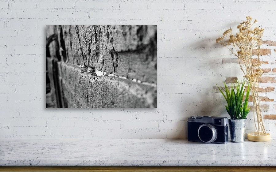 Black and White Jewish Kotel Wall Fine Art Print - Western Wall with Prayer Hand & Paper Notes between Stones - A Wailing Wall Kosel Canvas