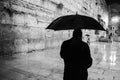 Black and White Kotel Western Wall Wet in the Rain - Jewish Orthodox & Umbrella