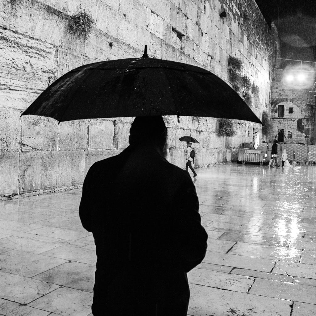 Black and White Kotel Western Wall Wet in the Rain - Jewish Orthodox & Umbrella