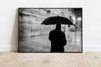 Black and White Kotel Western Wall Wet in the Rain - Jewish Orthodox & Umbrella